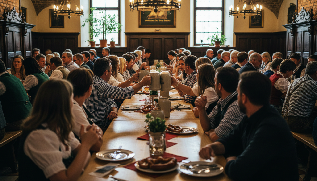 Interior of Augustiner Brustbl beer hall in Mlln, long wooden tables filled with locals of all ages,