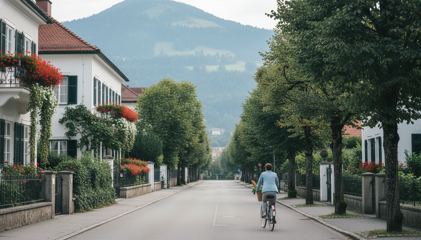 Tree-lined residential street in Aigen neighborhood, elegant villas with flower boxes, the Gaisberg