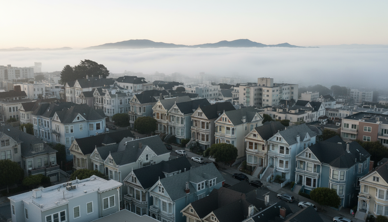 Aerial view of San Franciscos colorful Victorian houses in the Haight-Ashbury neighborhood with fog