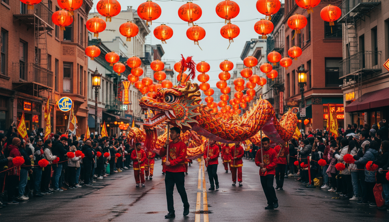 Dragon dancers performing during San Franciscos Chinese New Year Parade on Grant Avenue, with red la