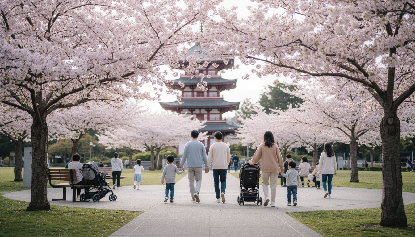 Cherry blossom trees in full bloom at San Franciscos Japantown Peace Plaza, with the distinctive Pea