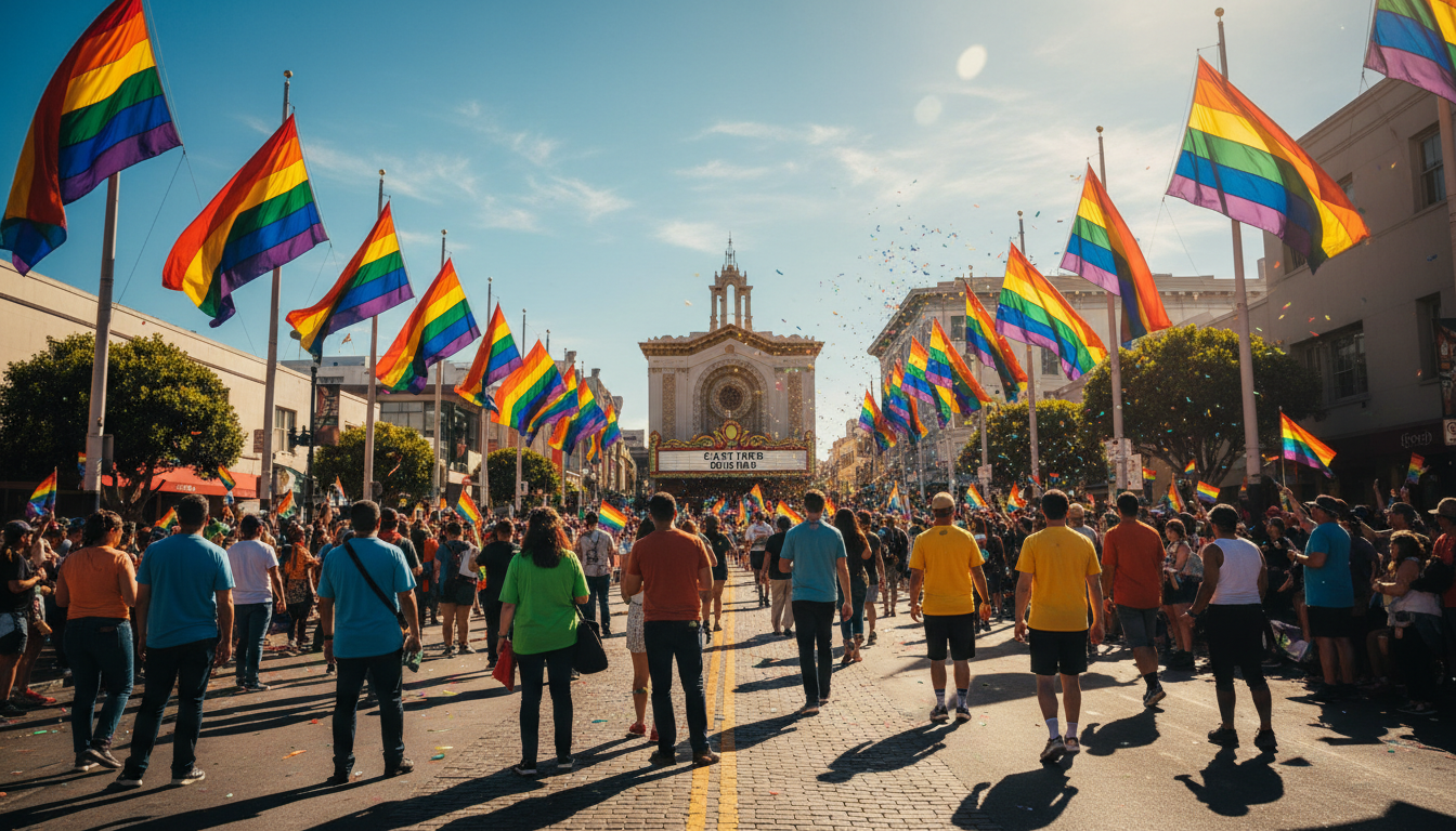Rainbow flags lining Market Street during San Francisco Pride, with the historic Castro Theatre marq