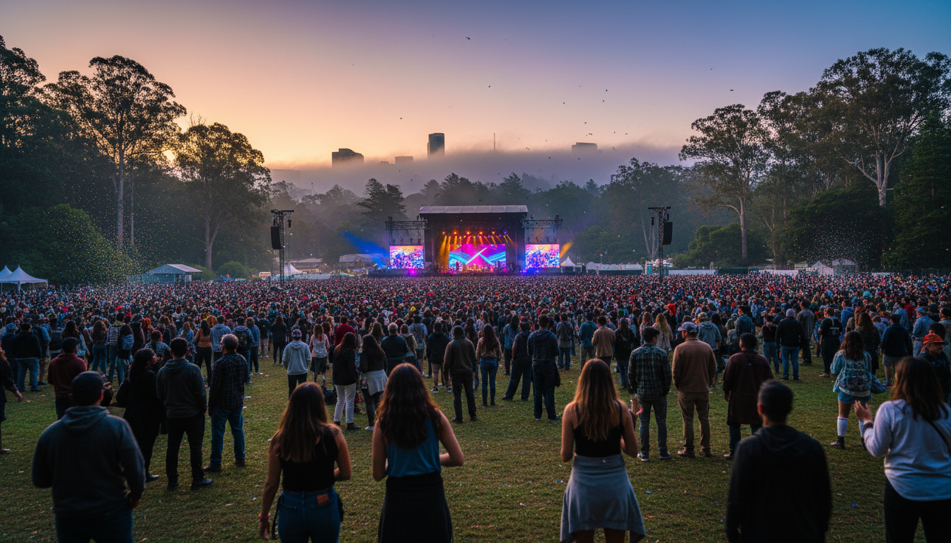 Crowds gathered at Outside Lands music festival in Golden Gate Park, with the main stage visible aga
