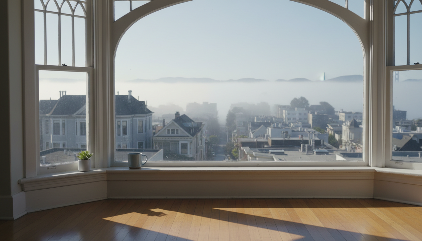Morning light streaming through a Victorian bay window in a San Francisco home, with a coffee cup on