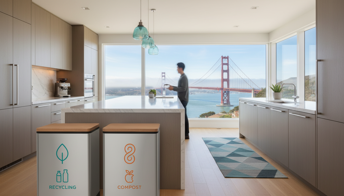 A modern kitchen in a San Francisco apartment showing the recycling and compost bins clearly labeled