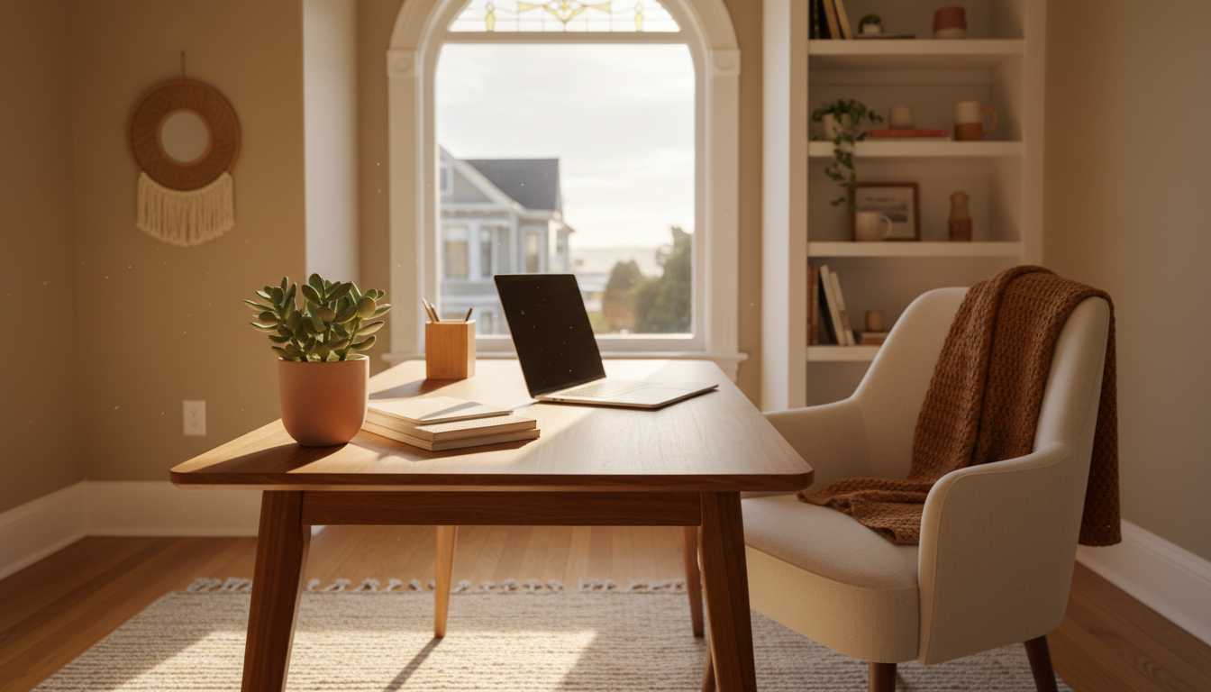A cozy home office nook in a San Francisco Victorian apartment, with a laptop on a wooden desk, good