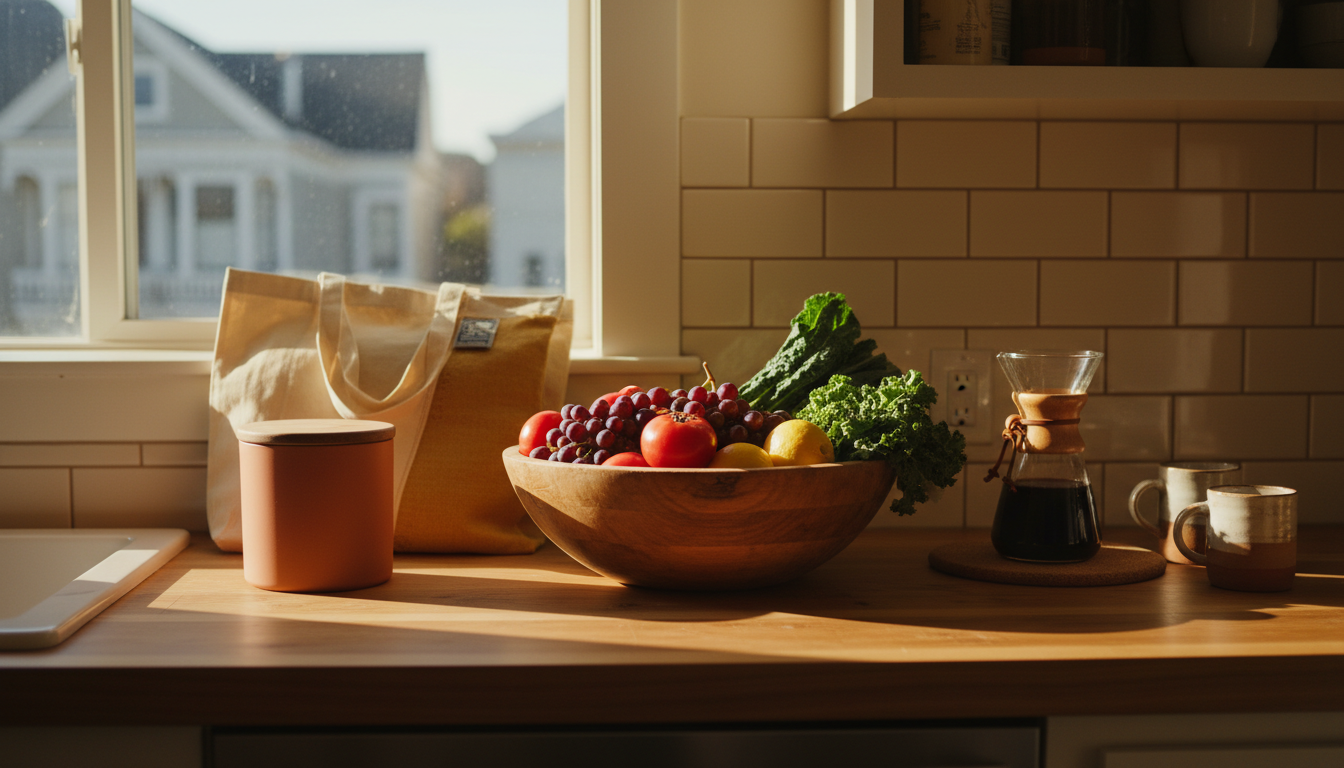 A well-organized San Francisco kitchen counter showing a small compost bin, reusable shopping bags,