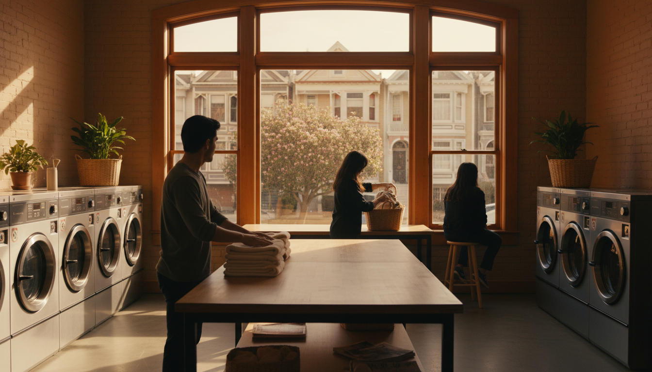 A sunny San Francisco laundromat with large windows, a few locals folding clothes, and a view of Vic