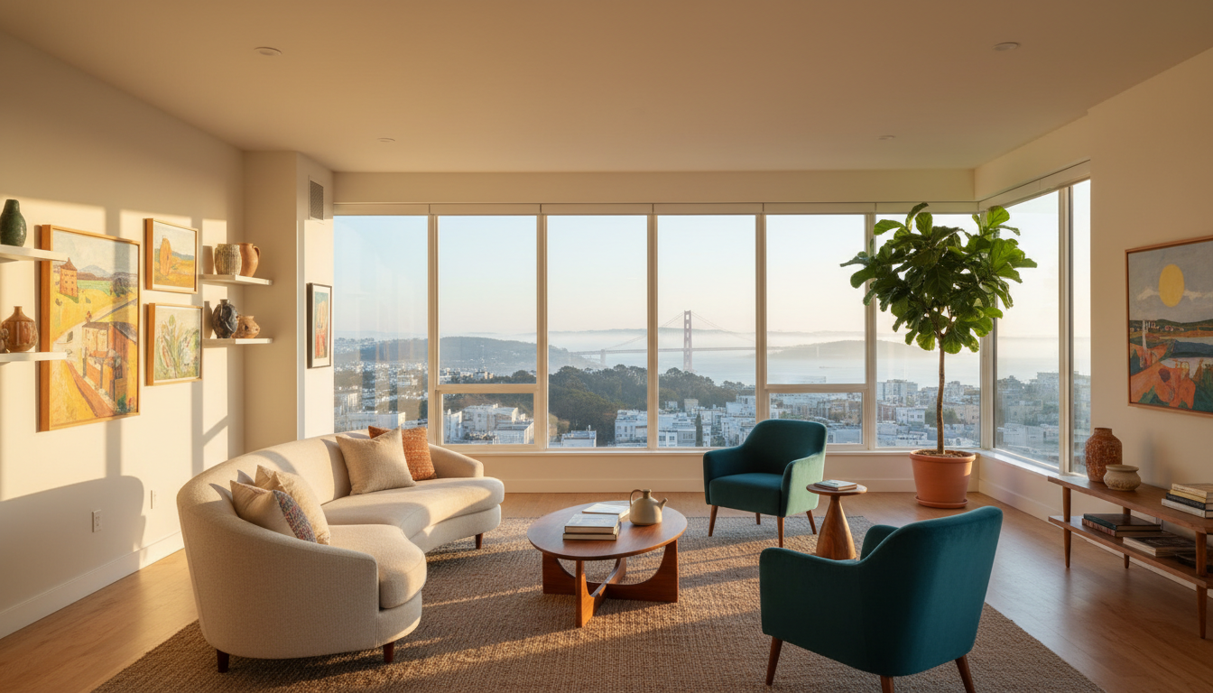 Interior of a bright, modern San Francisco apartment with large windows showing a view of the city,