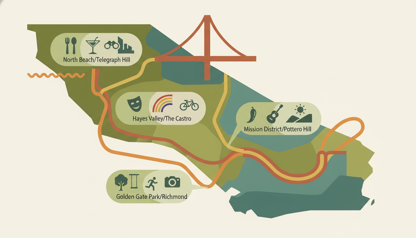 Infographic showing San Franciscos main neighborhoods on a stylized map, with icons indicating key c