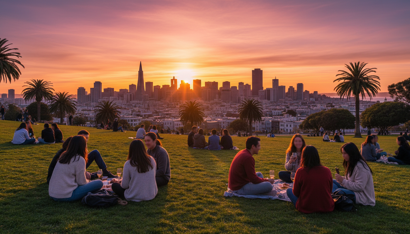 Sunset view from Dolores Park with San Franciscans picnicking on the grass, the downtown skyline sil
