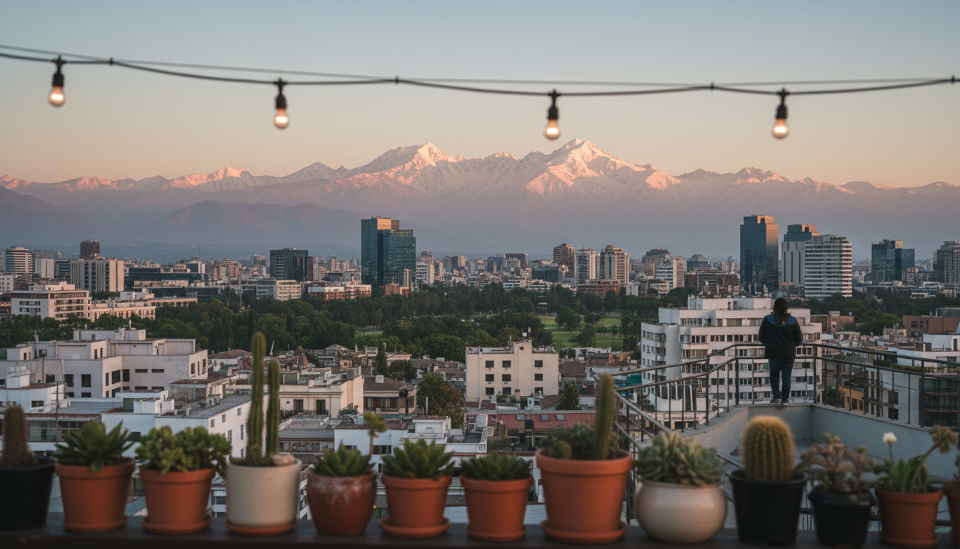 Panoramic view from a rooftop terrace in Barrio Italia at golden hour, the snow-capped Andes mountai