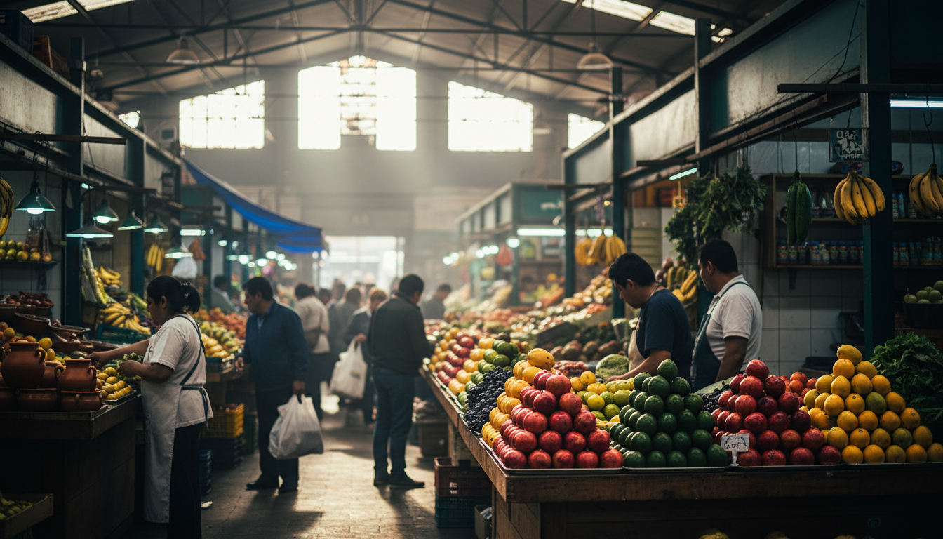 Bustling interior of La Vega Central market with colorful pyramids of fresh fruit, vendors in aprons