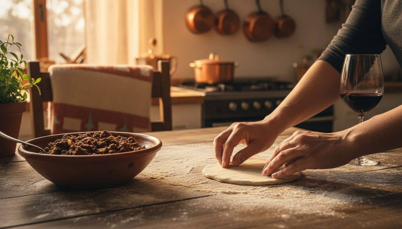 Hands shaping empanada dough on a flour-dusted wooden table, a bowl of pino filling nearby, warm kit