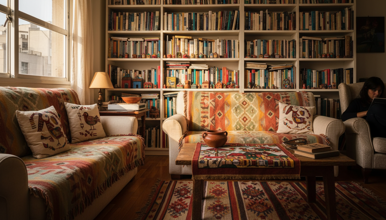 A cozy living room in a Santiago apartment decorated with Chilean folk art, colorful woven textiles,
