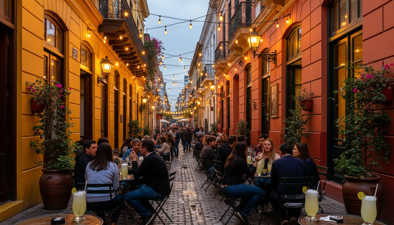 Narrow cobblestone street in Lastarria at dusk, string lights overhead, outdoor caf tables with peop