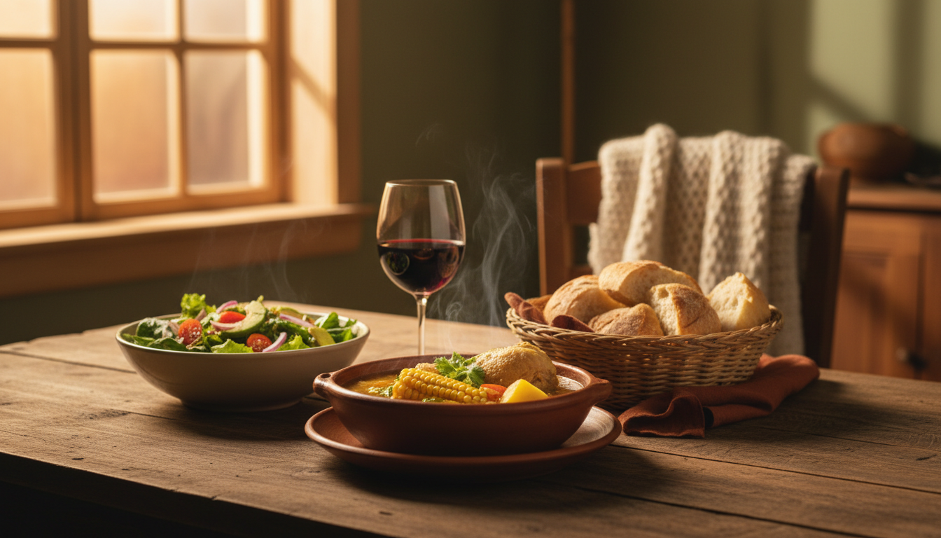 A traditional Chilean lunch spread on a wooden table - cazuela soup with chicken, fresh bread, a sid