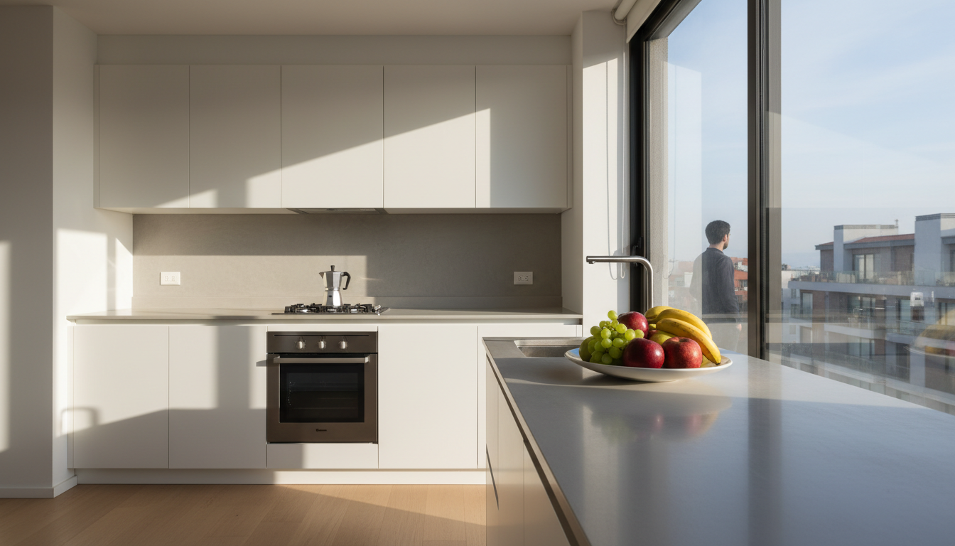 Modern Santiago apartment kitchen with white cabinets, stovetop with a moka pot, fresh fruit in a bo