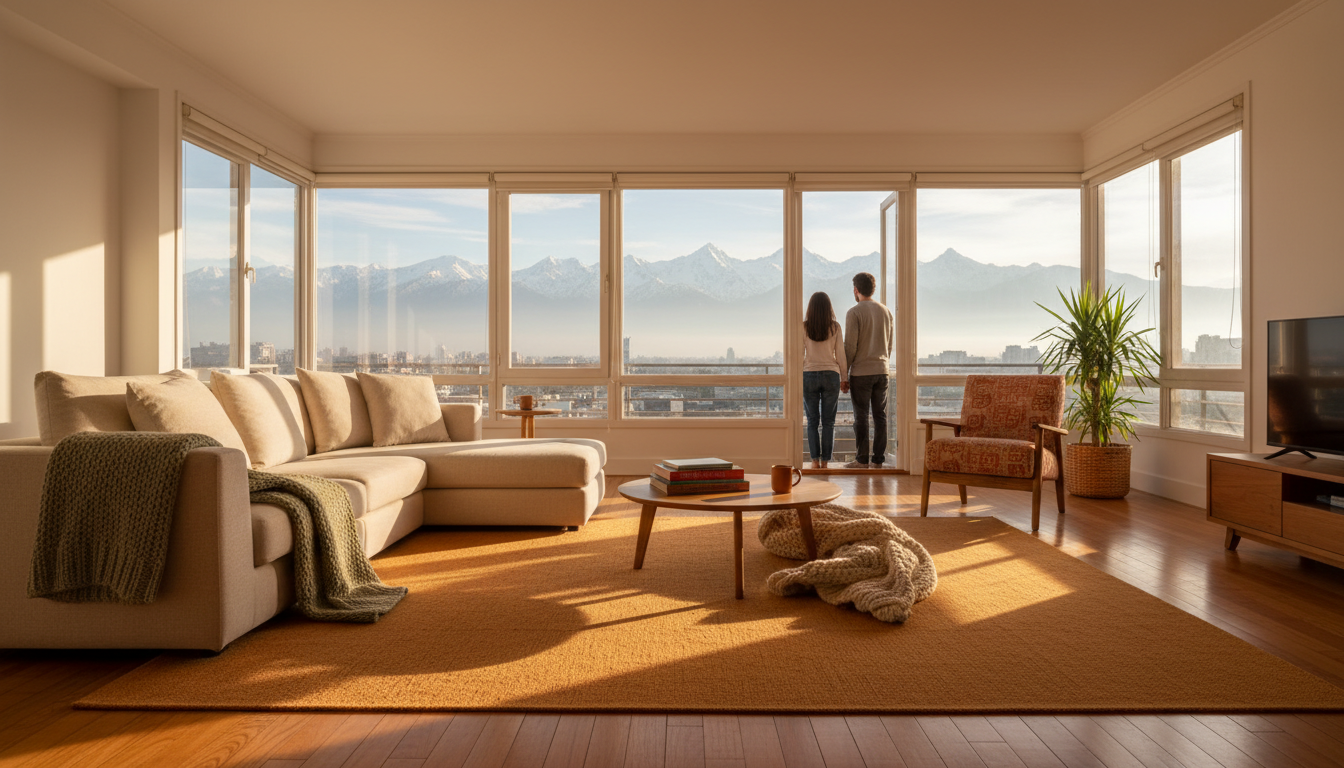 spacious living room in a Santiago apartment with large windows showing Andes mountain views, childr