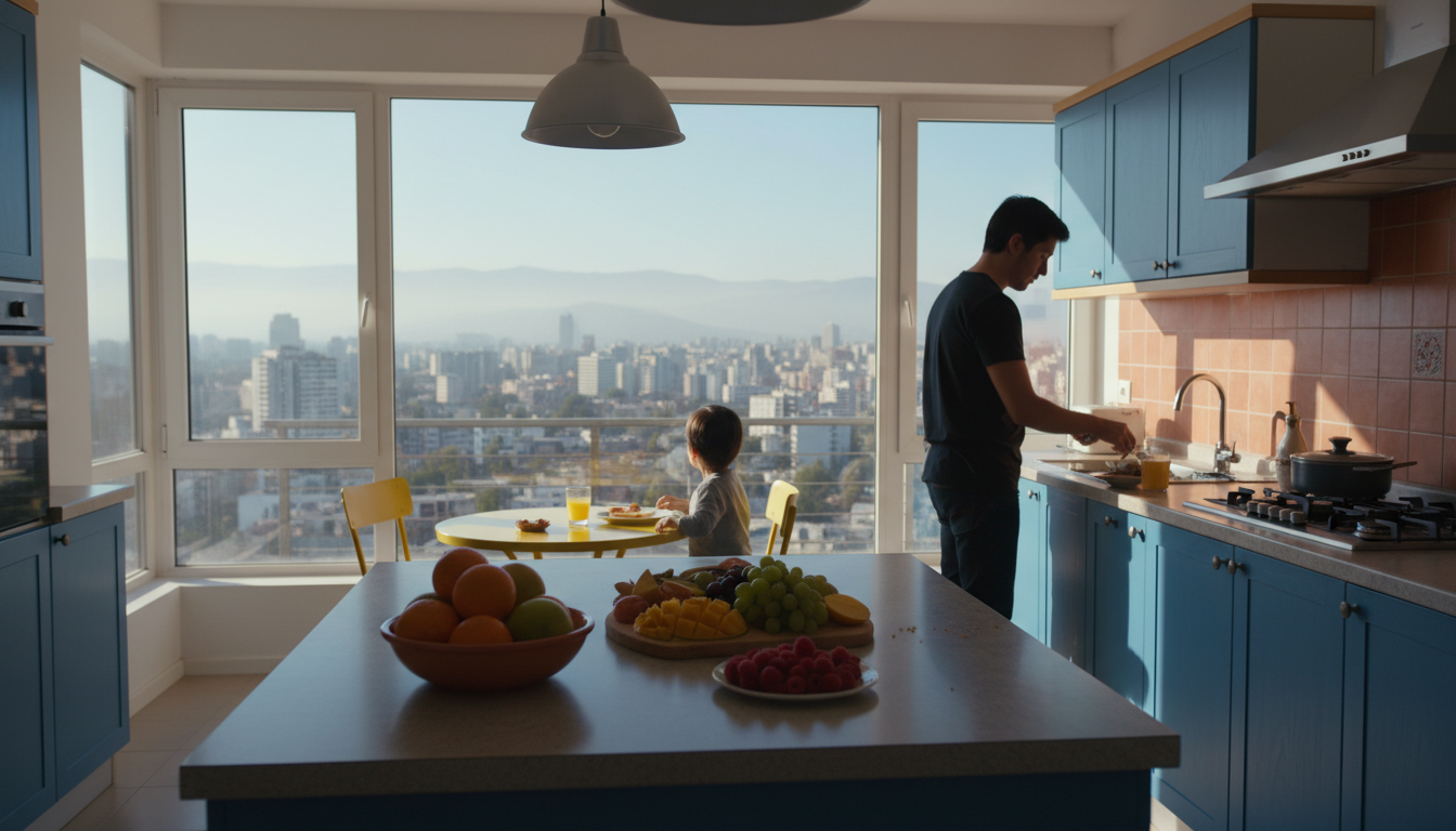 bright modern kitchen in a Chilean home with a parent preparing breakfast, fresh fruit on the counte