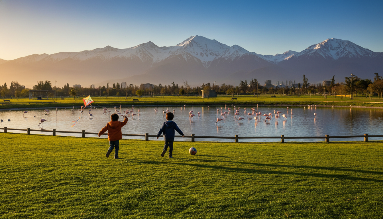 children playing in Parque Bicentenario with flamingos visible in the background pond, green grass,