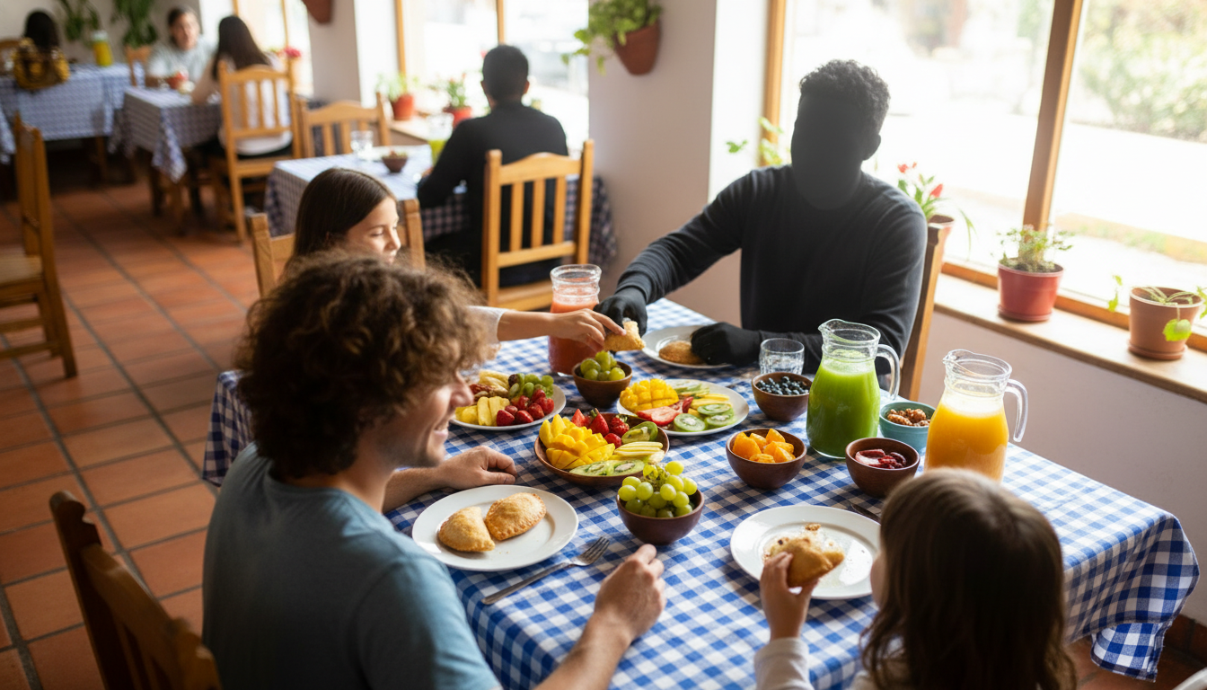 family sharing empanadas and fresh fruit at a casual Chilean restaurant with checkered tablecloth, n