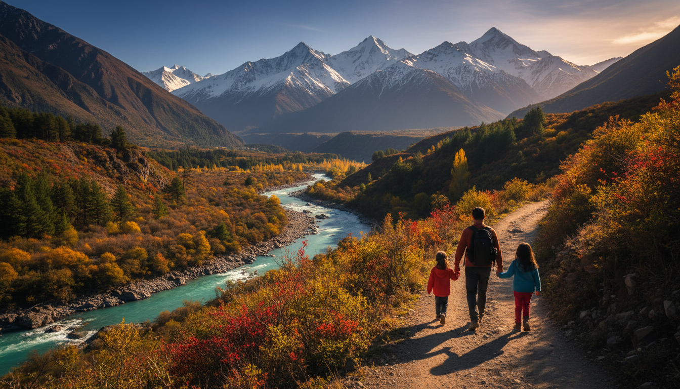 family hiking on a trail in Cajn del Maipo with snow-capped Andes peaks in the background, a clear r