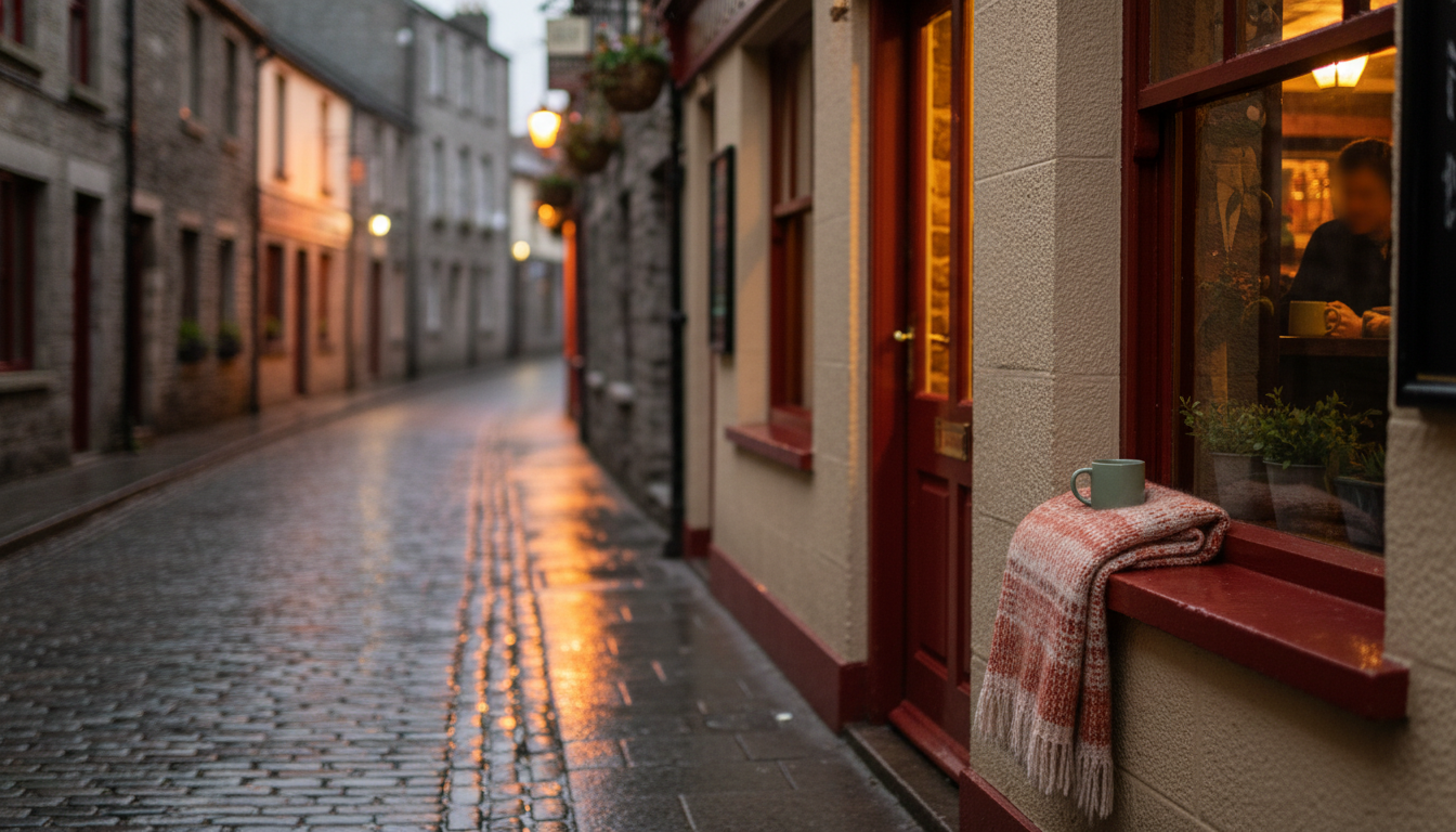 Rain-slicked cobblestone street in Galways Latin Quarter at dusk, warm golden light spilling from pu