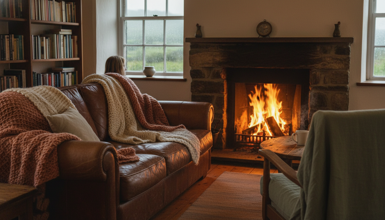 Cozy living room in a traditional Galway cottage, turf fire burning in the hearth, wool blankets dra