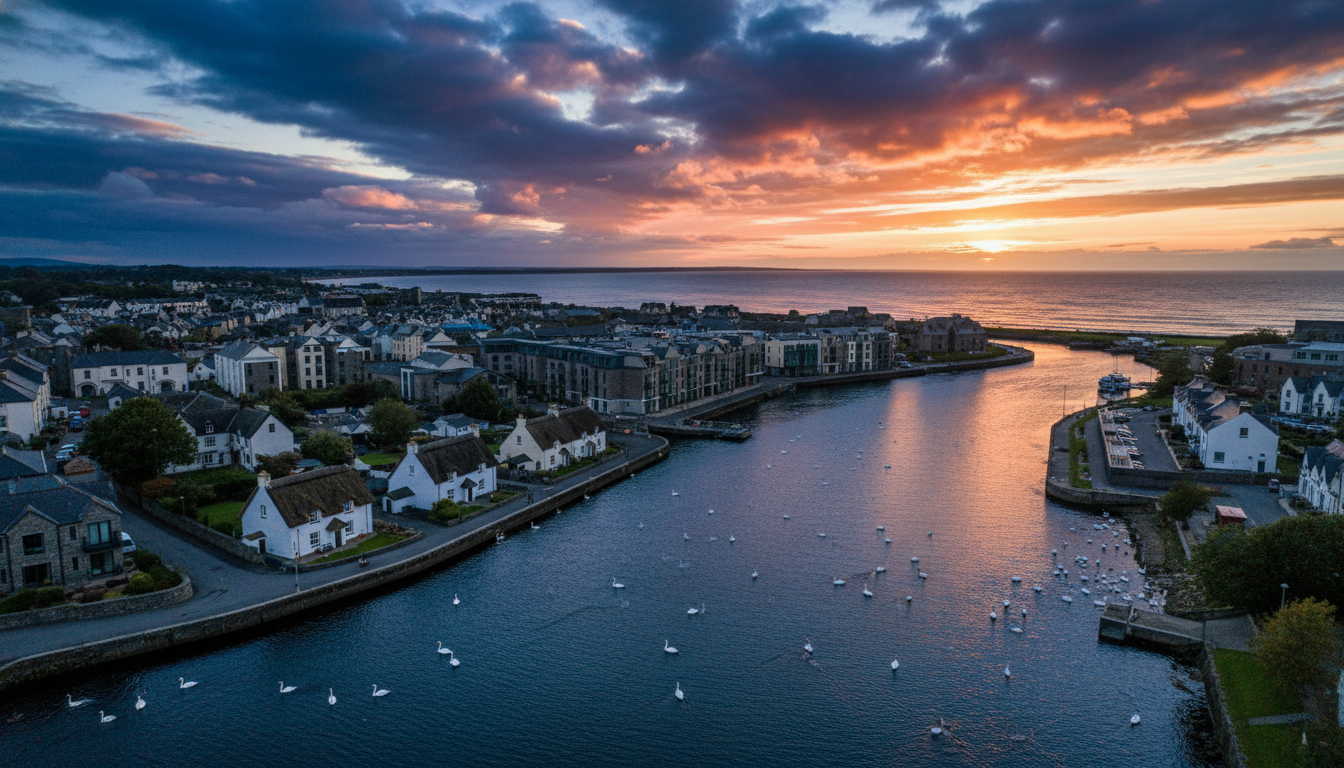Aerial view of Galways Claddagh area where the River Corrib meets the sea, traditional thatched cott