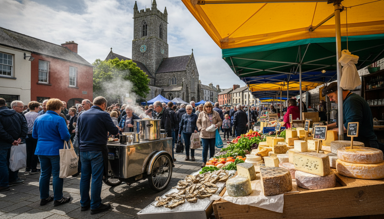 Galway Saturday market at St. Nicholas Church, vendors selling artisan cheese and fresh oysters, ste