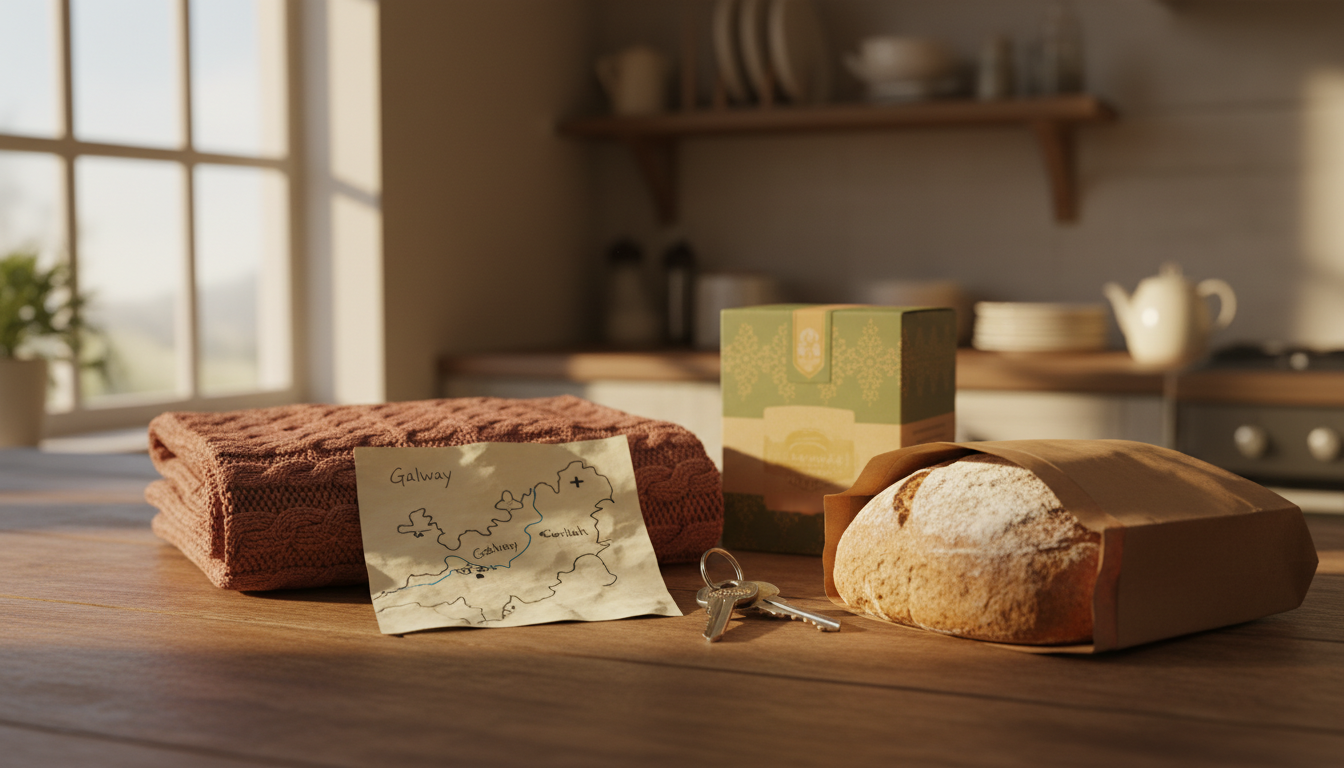 Handwritten note on a kitchen counter with a small map of Galway drawn in pen, a set of house keys o