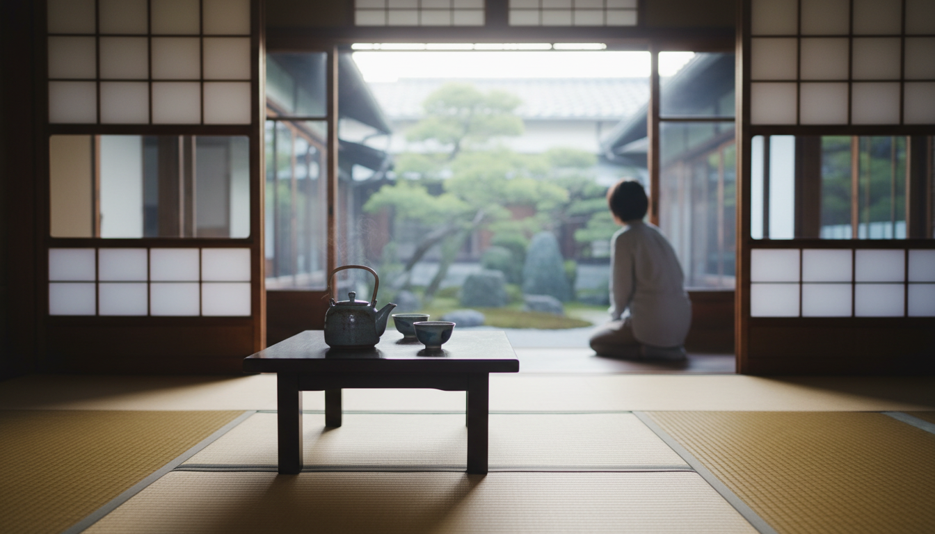 Traditional Kyoto machiya townhouse interior at dawn, shoji screens filtering soft light onto tatami