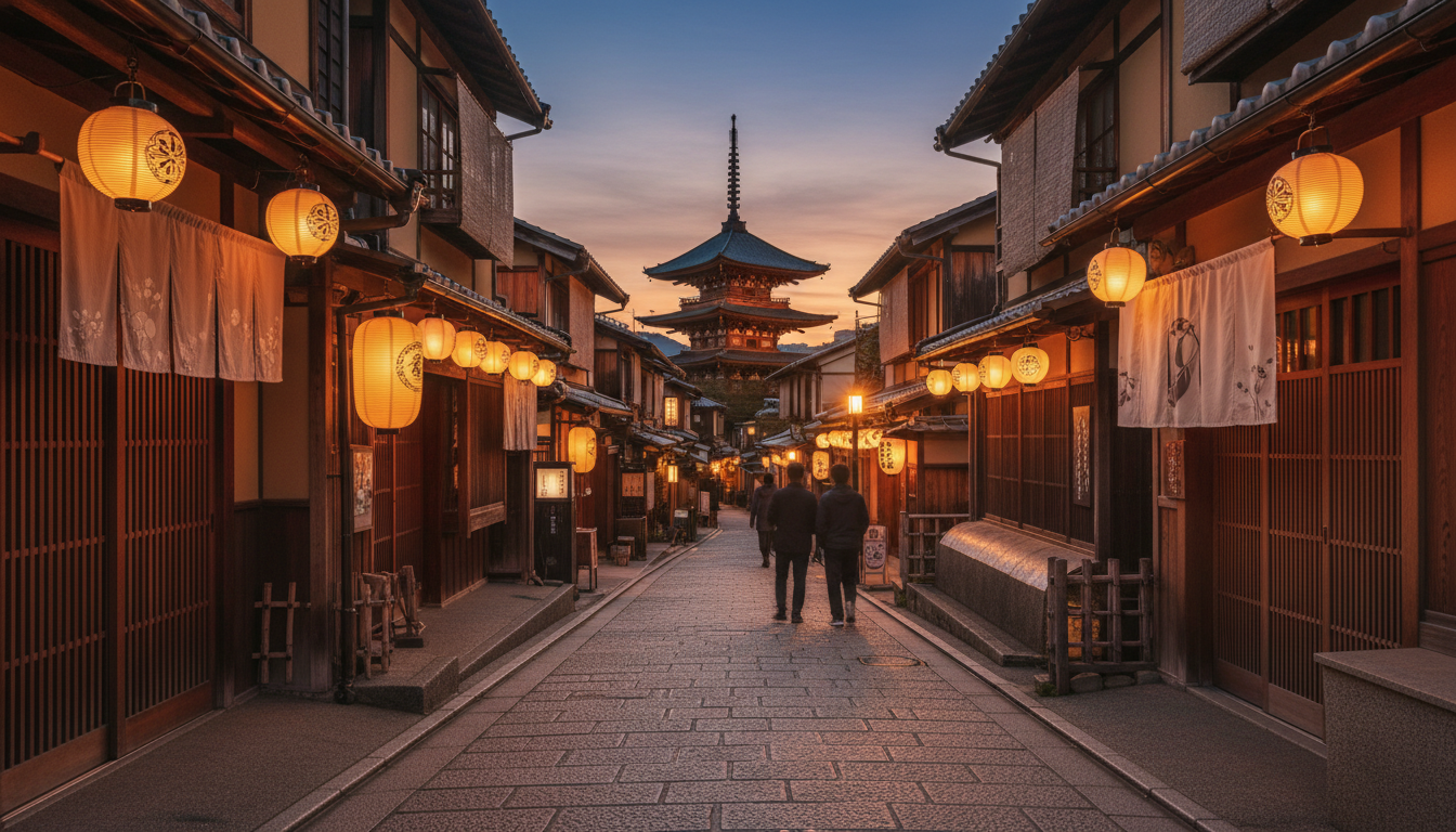 Narrow Higashiyama street at dusk, traditional wooden buildings with noren curtains, paper lanterns