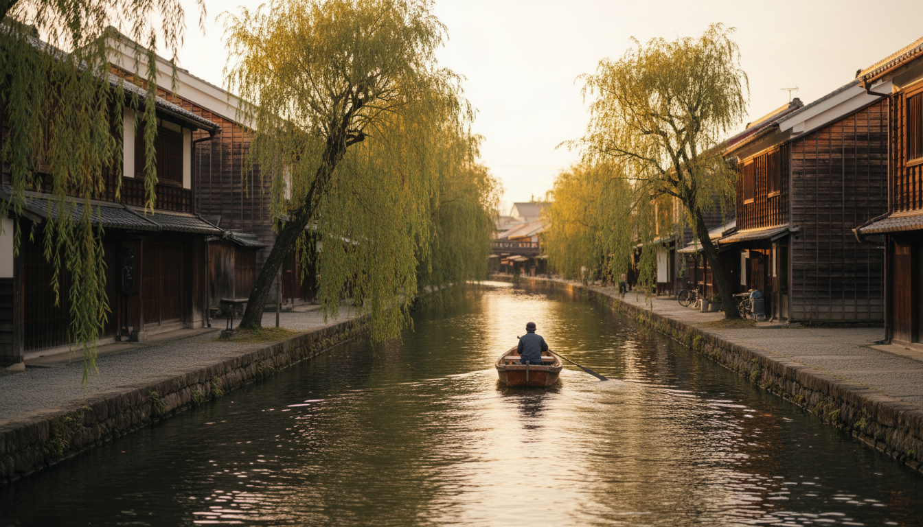 Fushimi sake brewery district, traditional wooden warehouses with white walls, willow trees along a