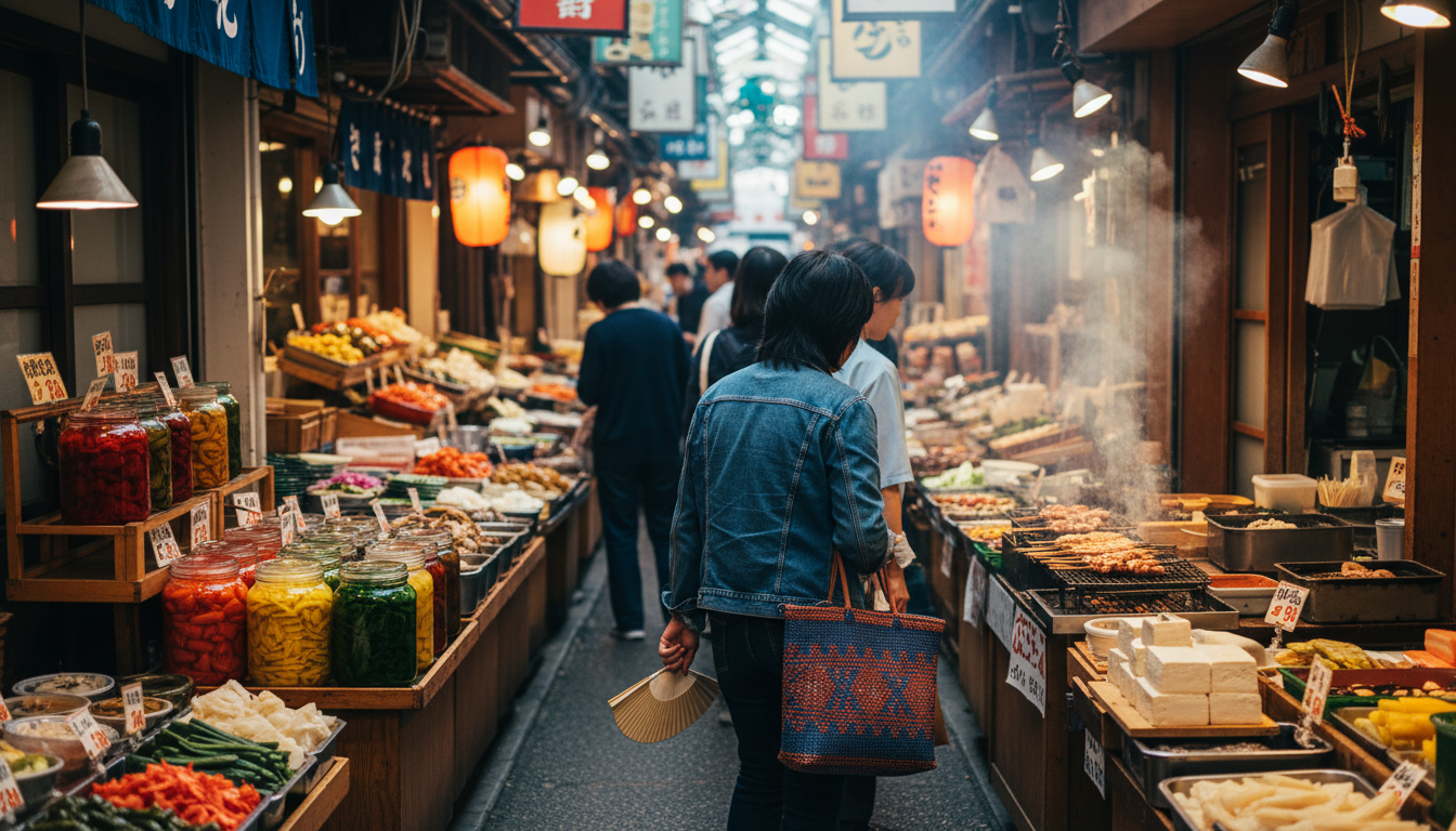 Nishiki Market alley, colorful food stalls displaying pickled vegetables, grilled skewers, and fresh