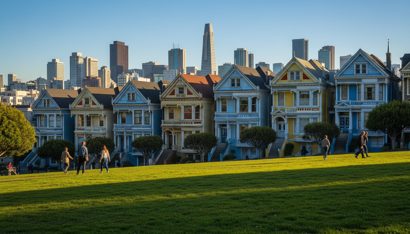 Victorian painted lady homes in San Franciscos Alamo Square with city skyline behind, morning light