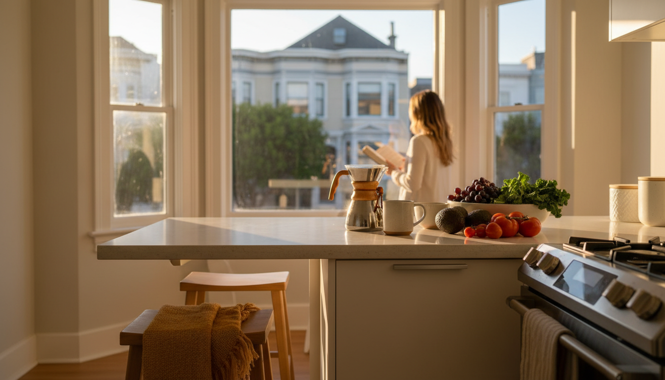 Bright modern kitchen in a San Francisco apartment with bay windows overlooking a tree-lined street,