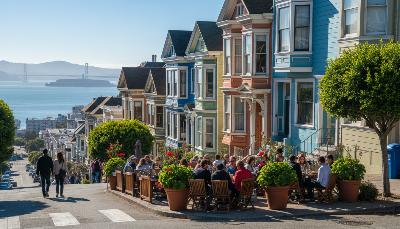 Colorful Victorian homes lining a steep San Francisco street with the Bay visible in the distance, a