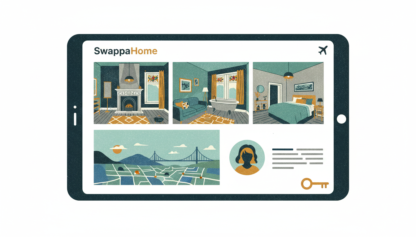 SwappaHome app interface showing a San Francisco listing with Victorian interior photos, neighborhoo