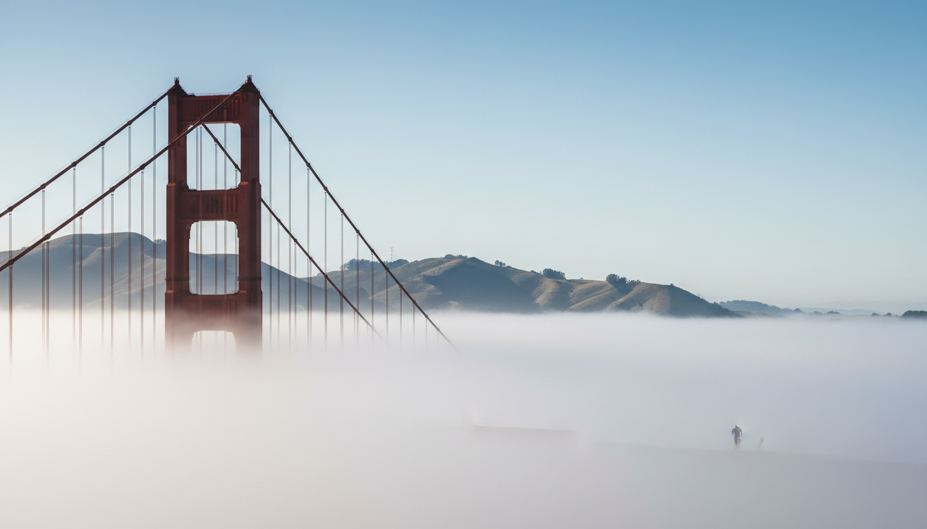 Morning fog rolling through the Golden Gate Bridge towers with Marin Headlands visible, a lone jogge