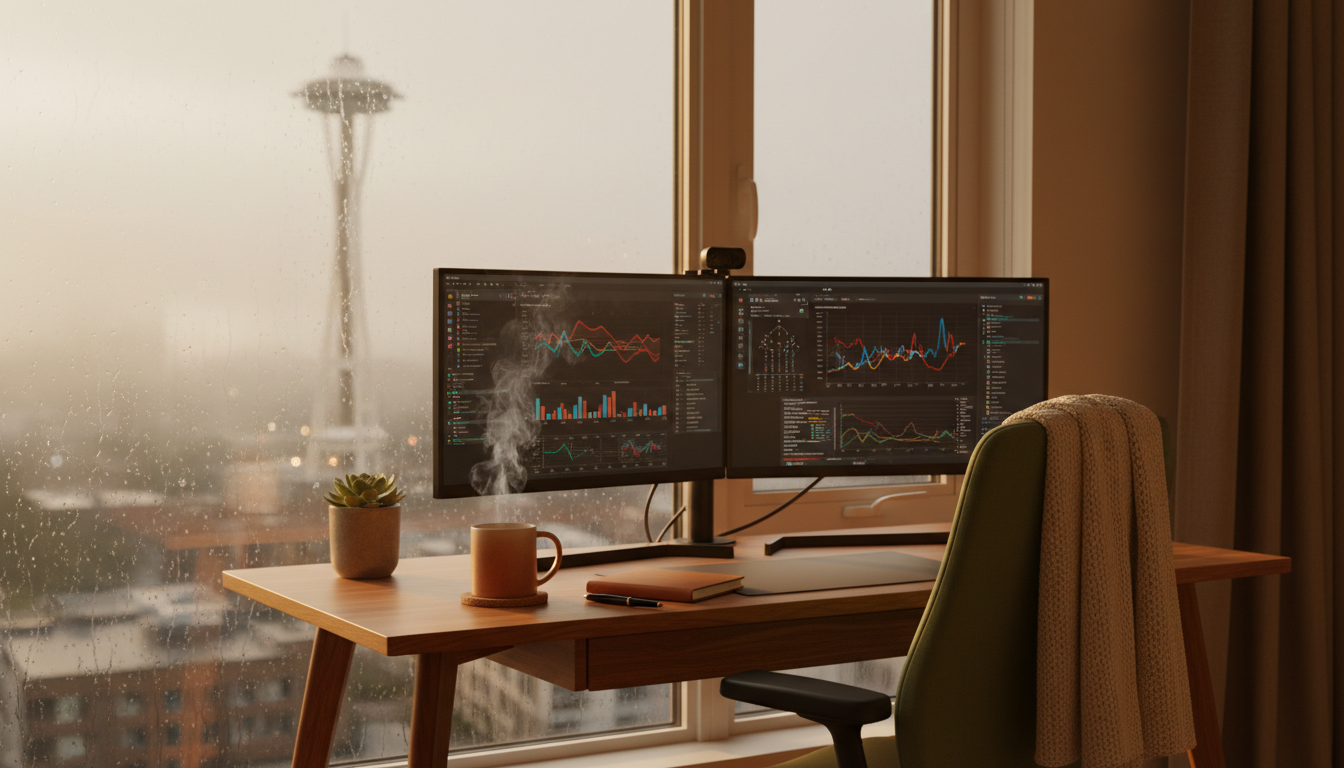 Rain-streaked window of a modern Seattle apartment with a dedicated desk setup, dual monitors, ergon