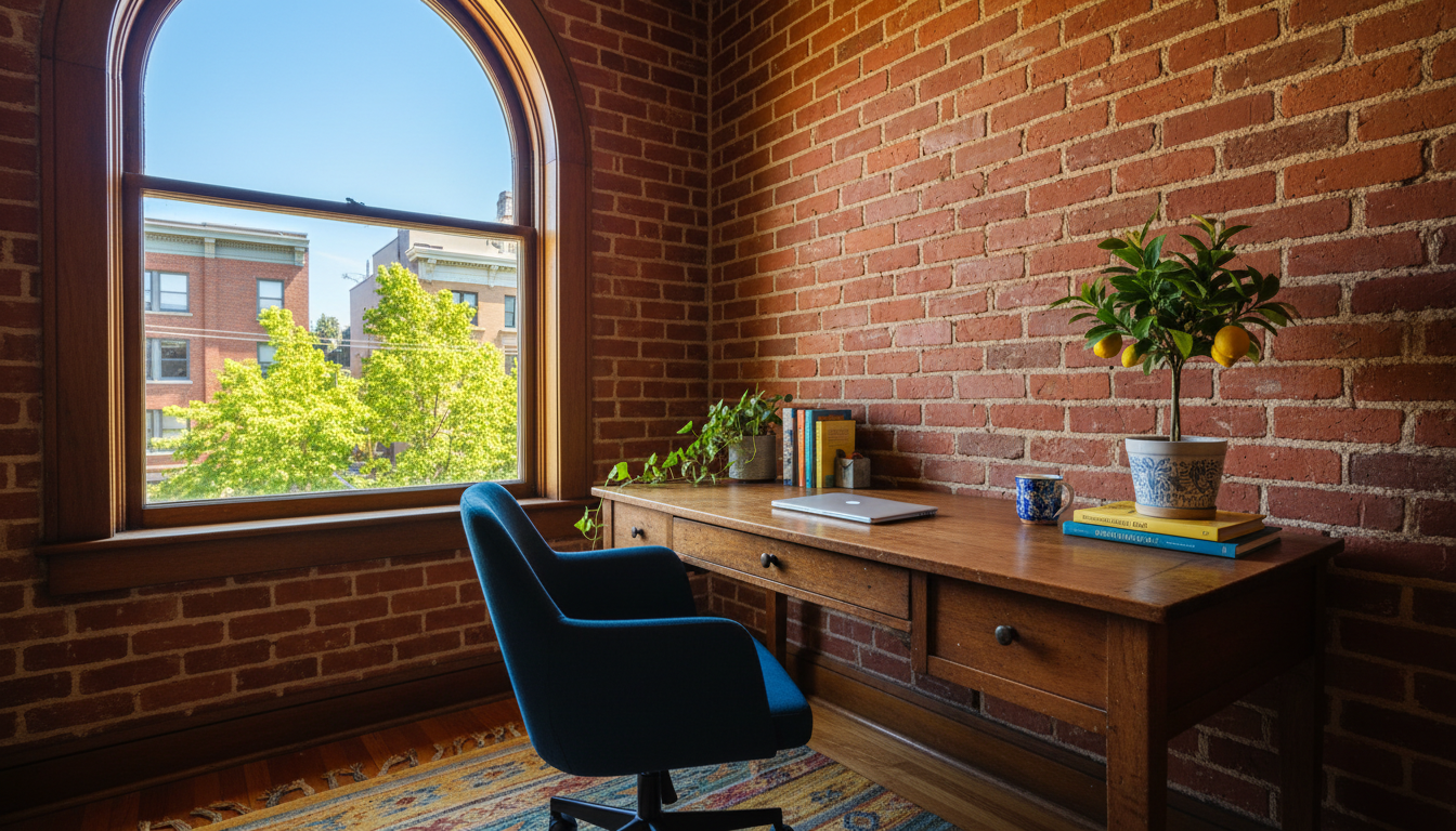 Cozy home office corner in a Capitol Hill apartment with exposed brick walls, vintage wooden desk, m