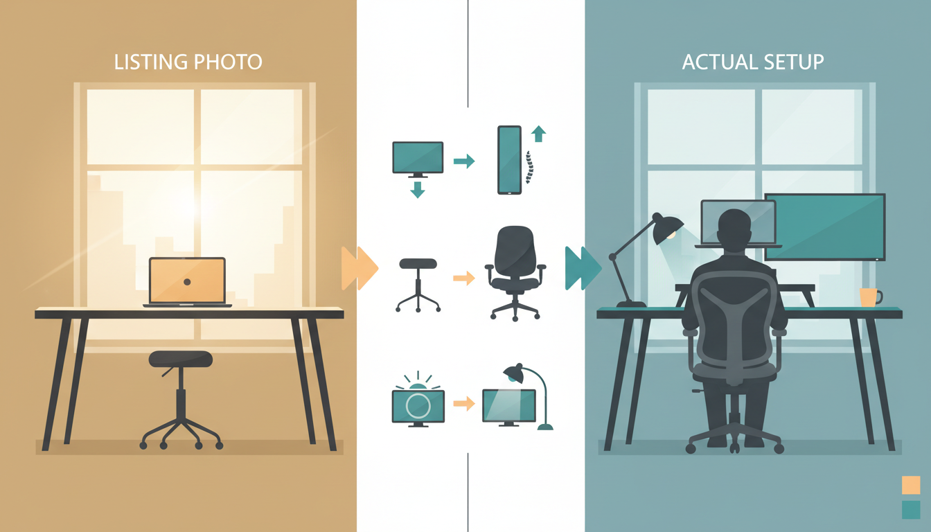 Split-screen comparison showing a home exchange listing photo of a workspace versus the actual setup