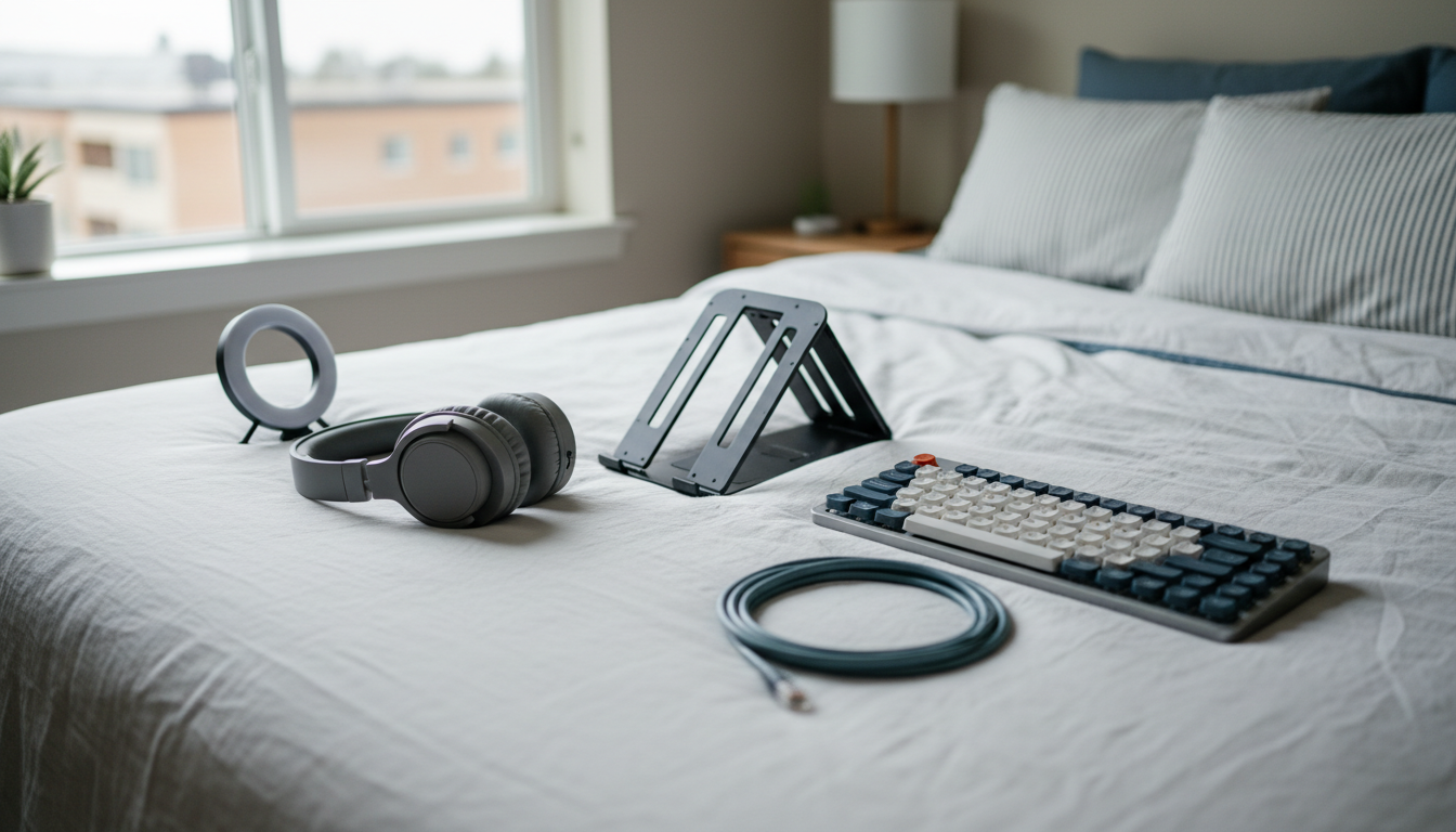 Flat-lay of a remote workers portable office kit spread on a Seattle apartment bedlaptop stand, comp