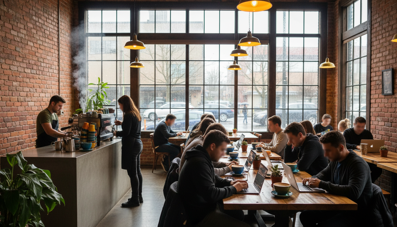 Interior of a Seattle coffee shop with exposed brick, large windows showing rainy street scene, remo