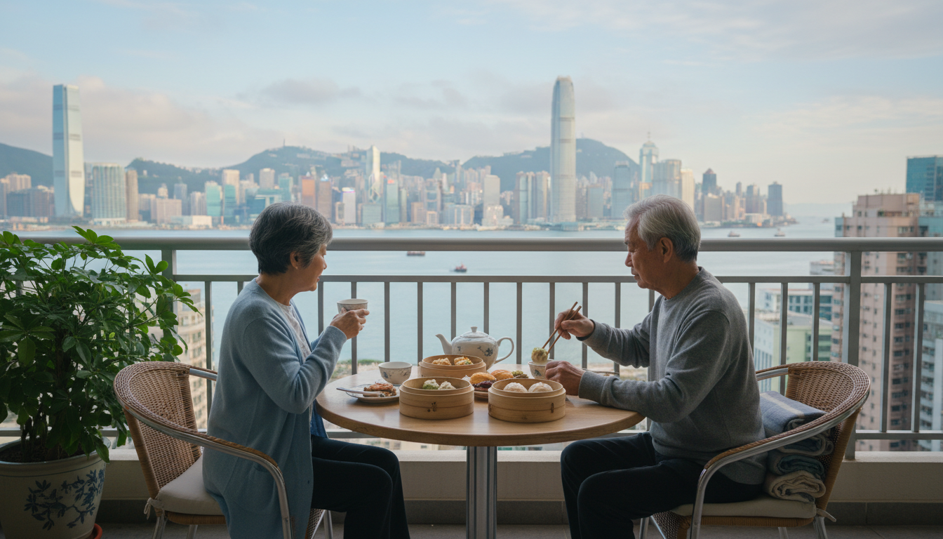 Elderly couple enjoying dim sum breakfast on a sunlit apartment balcony overlooking Victoria Harbour
