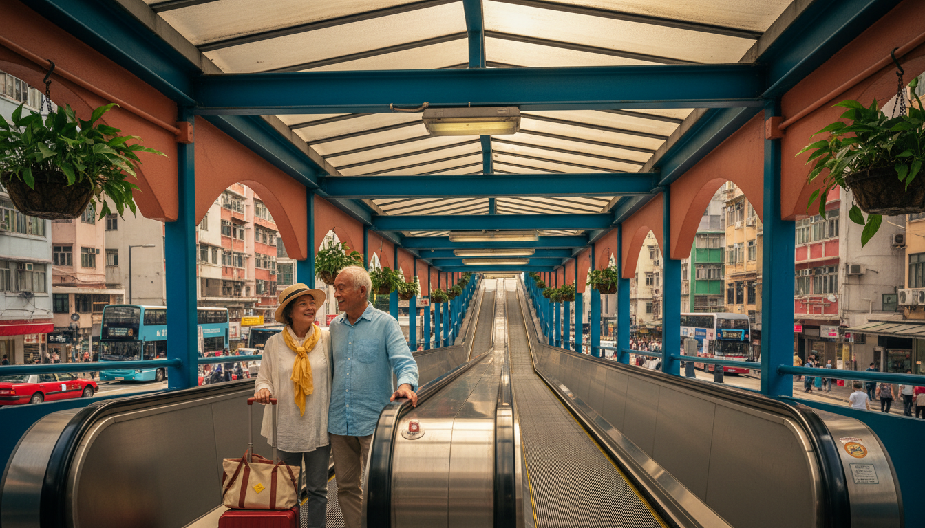 The Central-Mid-Levels Escalator system with covered walkway, showing the long stretch of moving sta