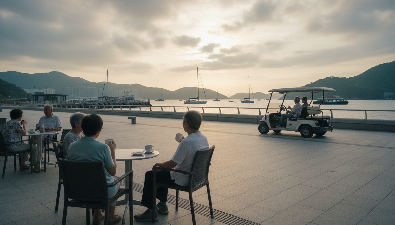 Discovery Bay waterfront plaza at sunset, showing flat pedestrian walkways, outdoor caf seating with
