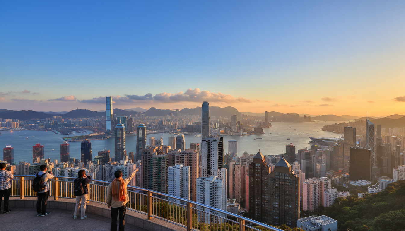 Hong Kong skyline from Victoria Peak on a clear autumn day, with comfortable temperatures evident fr